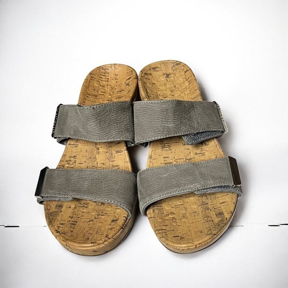 🌻Vionic Gray Pepper Ruched Leather Cork Wedge Slide Sandals Size 7W (wide)